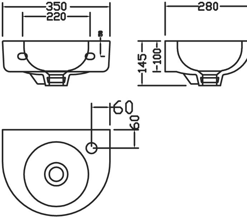 Technical image of Premier Brisbane Curved Wall Hung Basin (350mm, 1 Tap Hole).