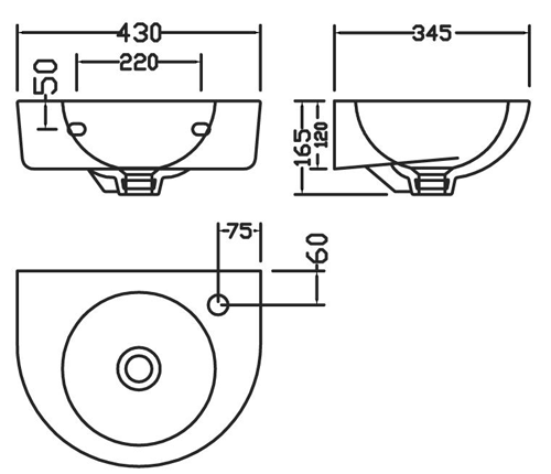 Technical image of Premier Brisbane Curved Wall Hung Basin (450mm, 1 Tap Hole).