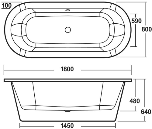 Technical image of Nuie Luxury Baths Corey Double Ended Freestanding Bath 1800x800mm.