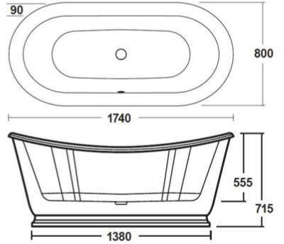 Technical image of Nuie Baths Greenwich Freestanding Double Ended Slipper Bath 1740x800mm.