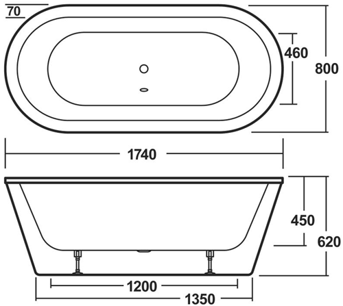 Technical image of Nuie Luxury Baths Pool Double Ended Freestanding Bath 1740x800mm.