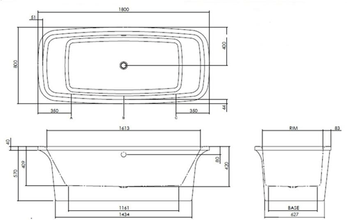 Technical image of Hudson Reed Aruba Freestanding Luxury Bath With Waste (1800x800mm).