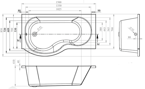 Technical image of Crown Baths P-Shape 1500mm Shower Bath Only (Left Handed).