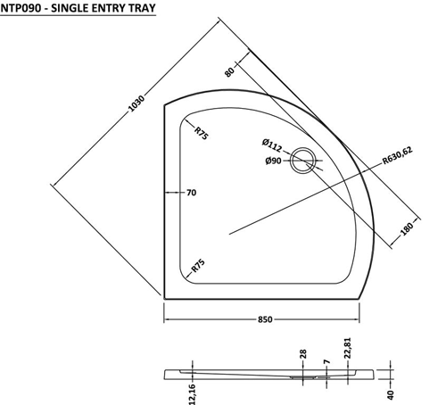 Technical image of Crown Trays Single Entry Shower Tray 860x860x40mm.