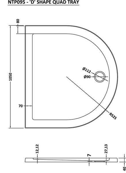 Technical image of Crown Trays D Shape Shower Tray 1050x925mm.