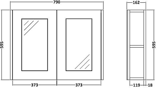 Technical image of Old London York 2 Door Mirror Bathroom Cabinet 800mm (White).