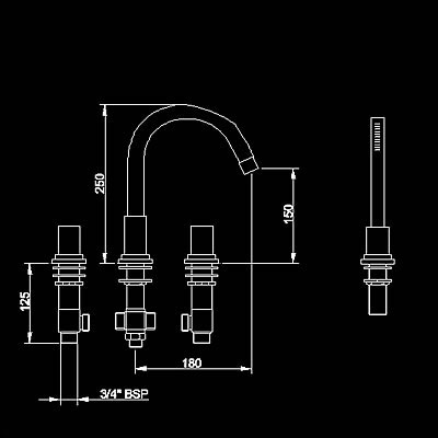 Technical image of Hudson Reed Astbury 4 tap hole bath shower mixer with swivel spout.