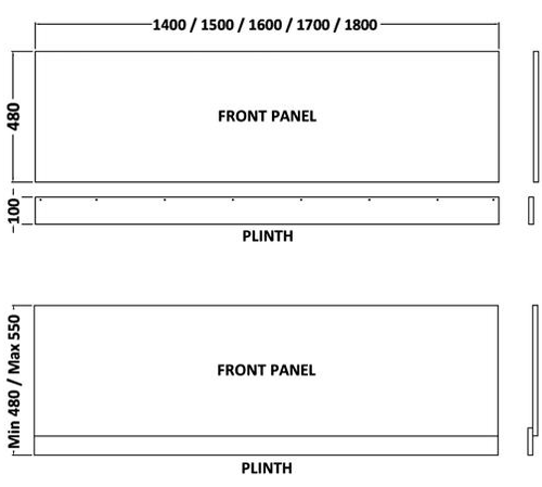 Technical image of Hudson Reed Memoir Side & End Bath Panel Pack (Gloss White, 1600x800).