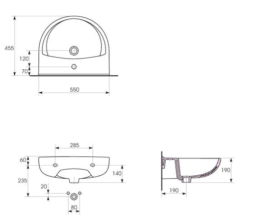 Technical image of Premier Pandora Suite With Toilet, 550mm Basin & Semi Pedestal (1TH).