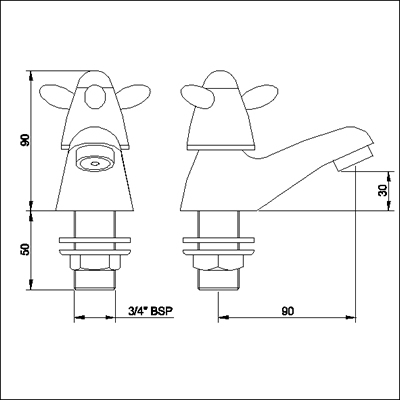 Technical image of Neptune Bath taps (pair, standard valves)