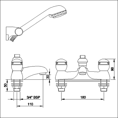 Technical image of Ultra Contour 3/4" Bath shower mixer (standard valves)