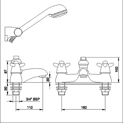 Technical image of Neptune 3/4" Bath shower mixer including kit (standard valves)