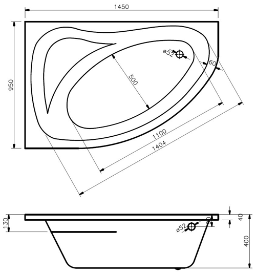 Technical image of Crown Baths Pilot Single Ended Corner Bath & Panel (Right Handed).