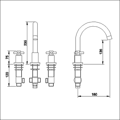 Technical image of Ultra Aspect 3 Tap hole deck mounted bath filler with small swivel spout.