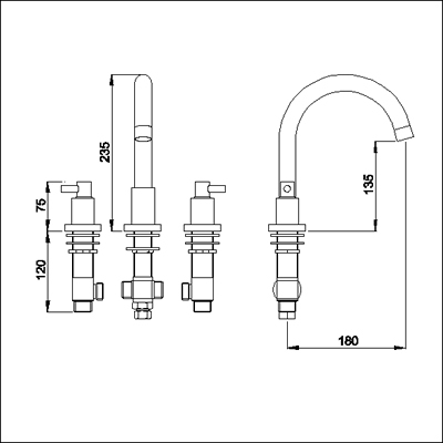 Technical image of Ultra Horizon 3 Tap hole deck mounted bath filler with small swivel spout.