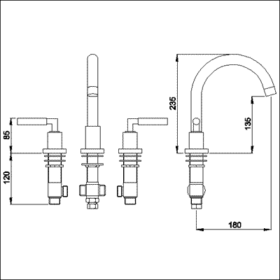 Technical image of Ultra Helix Lever 3 Tap hole deck mounted bath filler with small swivel spout.