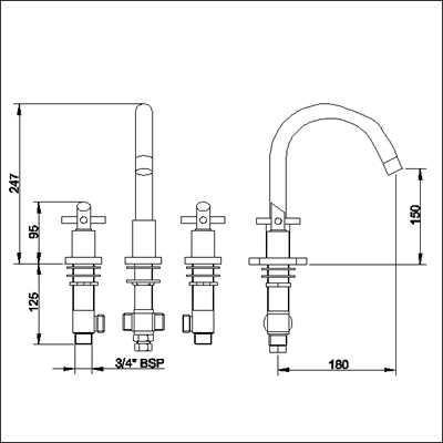 Technical image of Ultra Scope 3 Tap hole deck mounted bath filler with small swivel spout.