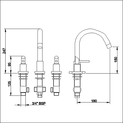 Technical image of Ultra Scene 3 Tap hole deck mounted bath filler with small swivel spout.