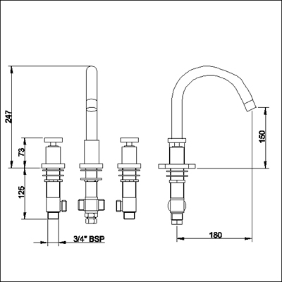 Technical image of Ultra Milo 3 Tap hole deck mounted bath filler with small swivel spout.