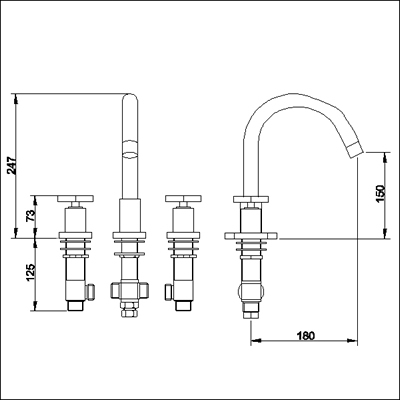 Technical image of Ultra Isla 3 Tap hole deck mounted bath filler with small swivel spout.