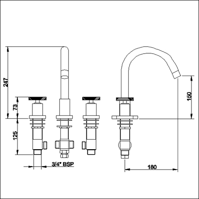 Technical image of Ultra Reno 3 Tap hole deck mounted bath filler with small swivel spout.