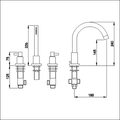 Technical image of Ultra Horizon 4 Tap hole bath shower mixer with small swivel spout.