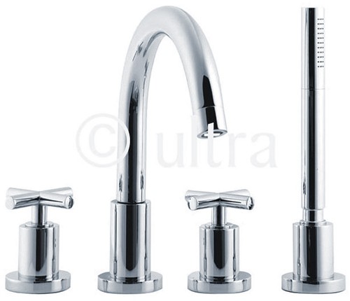 Larger image of Ultra Helix X head 4 Tap hole bath shower mixer with small swivel spout.