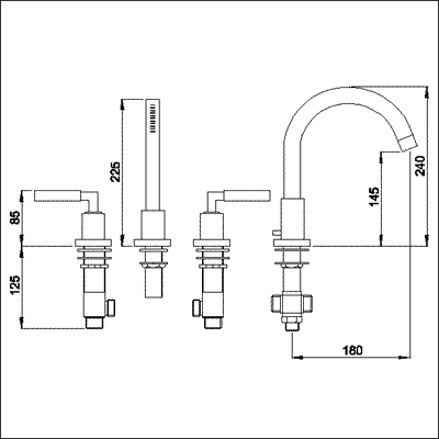 Technical image of Ultra Helix Lever 4 Tap hole bath shower mixer with small swivel spout.