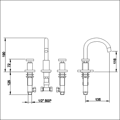 Technical image of Ultra Milo 3 Tap hole basin mixer with small spout and pop up waste.