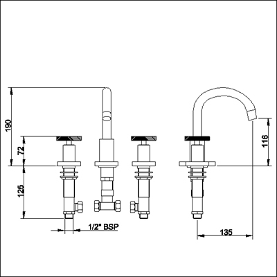 Technical image of Ultra Reno 3 Tap hole basin mixer with small spout and pop up waste.