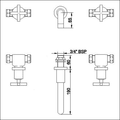 Technical image of Ultra Aspect 3 Tap hole wall mounted bath filler with small spout.