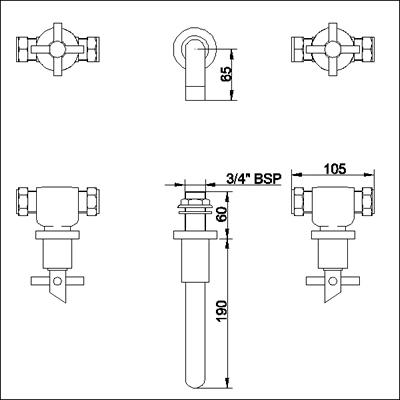 Technical image of Ultra Scope 3 Tap hole wall mounted bath filler with small spout.