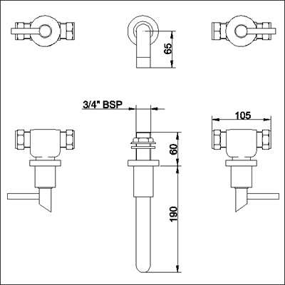 Technical image of Ultra Scene 3 Tap hole wall mounted bath filler with small spout.