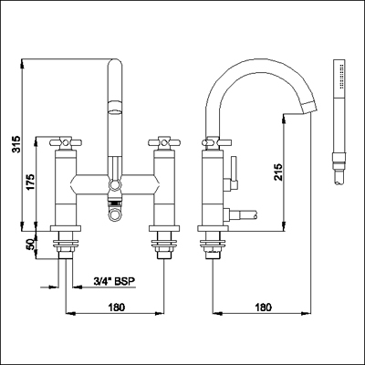 Technical image of Ultra Aspect Bath shower mixer small swivel spout and shower kit.