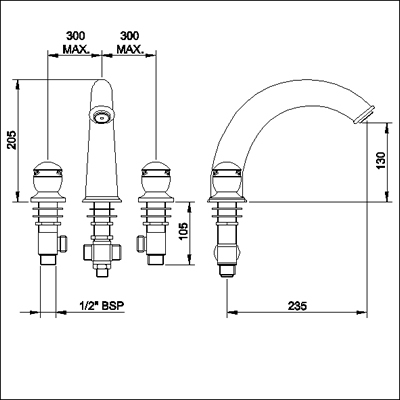 Technical image of Ultra Contour Luxury 3 tap hole bath mixer tap.