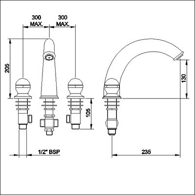 Technical image of Jupiter Luxury 3 tap hole bath mixer tap.