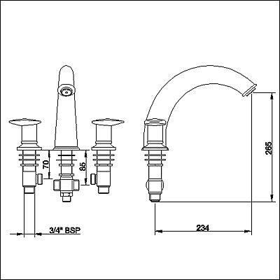 Technical image of Ultra Ella Luxury 3 tap hole bath mixer tap.