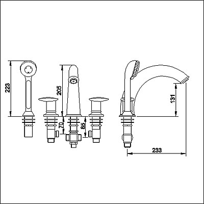 Technical image of Ultra Ella Luxury 4 tap hole bath shower mixer tap.