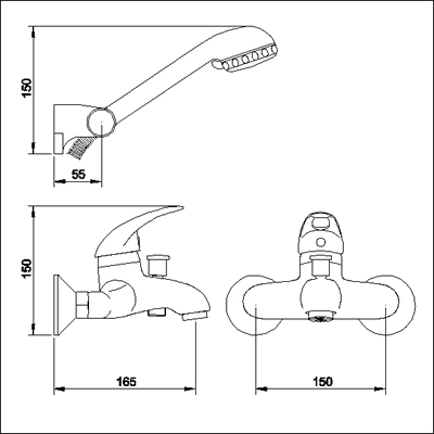 Technical image of Loop Single Lever Wall Mounted Bath Shower Mixer including kit.