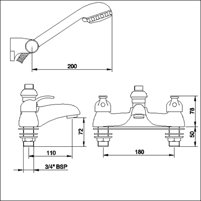 Technical image of Ultra Colonade Bath shower mixer with shower kit.