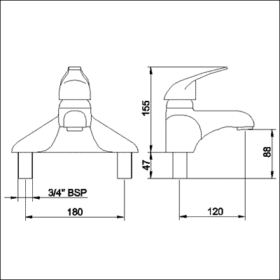 Technical image of Nuie Eon Single lever 3/4" bath filler.