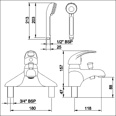 Technical image of Loop Single lever 3/4" Bath Shower mixer including kit