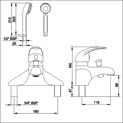 Technical image of Athena Single lever 3/4" Bath Shower mixer including kit