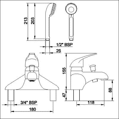 Technical image of Nuie Eon Single lever 3/4" bath shower mixer.