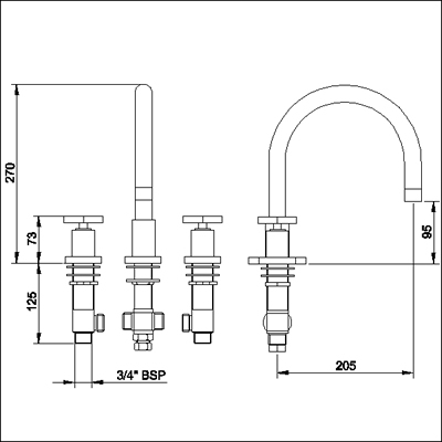 Technical image of Ultra Isla 3 Tap hole bath filler with swivel spout.