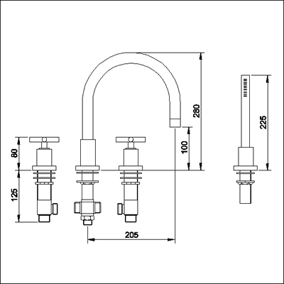 Technical image of Ultra Aspect 4 Tap hole bath shower mixer with swivel spout.