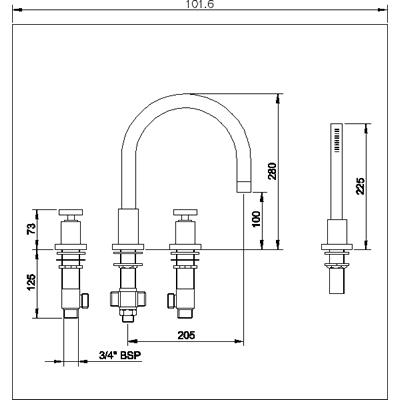 Technical image of Ultra Milo 4 Tap hole bath shower mixer with swivel spout.