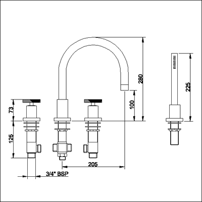 Technical image of Ultra Reno 4 Tap hole bath shower mixer with swivel spout.