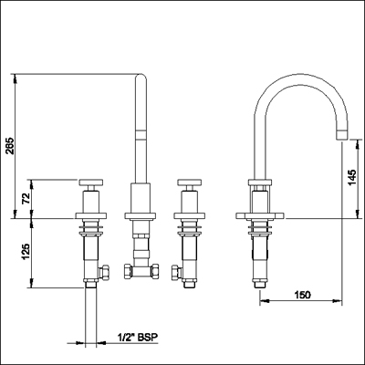 Technical image of Ultra Milo 3 Tap hole basin mixer with swivel spout and pop up waste.