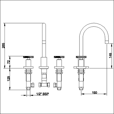 Technical image of Ultra Reno 3 Tap hole basin mixer with swivel spout and pop up waste.